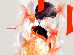 Rule 34 | 1boy, animal, artist name, blunt bangs, bowl cut, closed mouth, coat, fish, flying fish, from side, gakuran, goldfish, grey background, japanese clothes, kageyama shigeo, long sleeves, looking away, looking back, male focus, mob psycho 100, mochinue, portrait, ribbon, school uniform, short hair, sideways glance, simple background, wind chime