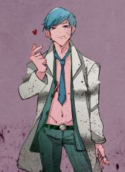 Rule 34 | 1boy, animification, belt, black belt, blood, blood on clothes, blue hair, blue necktie, blue pants, blue shirt, dead by daylight, finger heart, hair behind ear, highres, jacket, jewelry, male focus, necktie, open hand, pants, red eyes, ring, shirt, smile, solo, stack (sack b7), the trickster (dead by daylight), white jacket