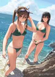 Rule 34 | 2girls, bare arms, bare legs, bare shoulders, bikini, black hair, blush, breasts, brown eyes, brown hair, chikuma (kancolle), cleavage, closed mouth, collarbone, commission, dated, day, goggles, goggles on head, green bikini, hair between eyes, kantai collection, large breasts, long hair, looking at viewer, medium breasts, multiple girls, navel, ocean, open mouth, outdoors, shore, skeb commission, smile, swimsuit, tantaka, tone (kancolle), twintails, twitter username, wading, water