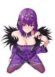 Rule 34 | 1girl, bare shoulders, blush, breasts, chela77, cleavage, collarbone, dress, fate/grand order, fate (series), feather trim, hair between eyes, highres, kneeling, long hair, looking at viewer, medium breasts, purple dress, purple hair, red eyes, scathach (fate), scathach skadi (fate), simple background, solo, thighs, tiara, white background