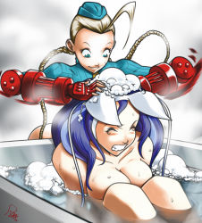 Rule 34 | 1990s (style), 2girls, ahoge, animal ears, bathing, bathtub, blonde hair, blue eyes, blue hair, blush, braid, breasts, cammy white, capcom, cat ears, cleavage, clothed female nude female, company connection, crossover, elbow gloves, felicia (vampire), fingerless gloves, garrison cap, gloves, hat, huge ahoge, johnrokk, large breasts, leotard, long hair, multiple girls, nude, retro artstyle, ribbed leotard, scar, shoulder pads, soap bubbles, street fighter, street fighter zero (series), tears, twin braids, vampire (game), washing hair, wet