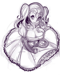 Rule 34 | 1girl, alternate costume, blush, breasts, dragon quest, dragon quest viii, dress, frilled dress, frills, jessica albert, large breasts, monochrome, puffy short sleeves, puffy sleeves, sho-n-d, short sleeves, sketch, solo, square enix, twintails