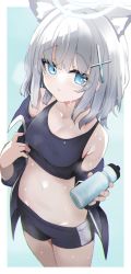 Rule 34 | 1girl, animal ears, bare shoulders, black jacket, black shorts, blue archive, blue eyes, blush, bottle, breasts, breath, cat ears, cleavage, closed mouth, cowboy shot, cross hair ornament, extra ears, grey hair, groin, hair ornament, halo, highres, holding, holding bottle, izuoku, jacket, looking at viewer, medium hair, midriff, mismatched pupils, navel, off shoulder, shiroko (blue archive), short shorts, shorts, sidelocks, small breasts, solo, sportswear, sweatdrop, water bottle