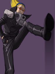 Rule 34 | 1boy, black jacket, blonde hair, blurry, boku no hero academia, boots, costume, depth of field, facial hair, fingerless gloves, foot up, furrowed brow, gloves, hair up, hands in pockets, headphones, high collar, jacket, leg lift, male focus, mature male, mustache, osutoraria (1ndi g0), present mic, simple background, solo, speaker, standing, standing on one leg, tinted eyewear, toned, toned male