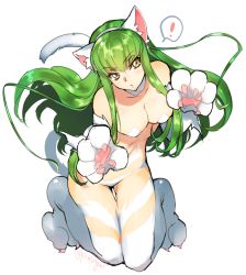 Rule 34 | !, 1girl, animal ears, animal hands, breasts, c.c., cat ears, cat paws, cat tail, cleavage, code geass, cosplay, creayus, fake animal ears, felicia (cosplay), felicia (vampire), green hair, long hair, looking at viewer, pasties, simple background, solo, spoken exclamation mark, tail, thighhighs, twitter username, vampire (game), white background, white thighhighs, yellow eyes