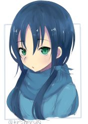 Rule 34 | 10s, 1girl, bad id, bad twitter id, blue hair, blue scarf, green eyes, hair ornament, highres, ichijou (kr neru0), kantai collection, long hair, looking at viewer, low twintails, ribbon, scarf, simple background, solo, suzukaze (kancolle), sweater, twintails, twitter username, upper body