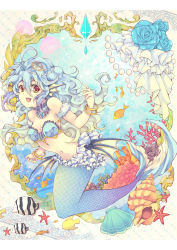 Rule 34 | 1girl, :d, absurdres, armlet, arms up, bikini, bikini top only, blue flower, blue hair, blue rose, bracelet, choker, coral, fins, fish, flower, frills, gem, gradient hair, head fins, highres, jellyfish, jewelry, lace background, long hair, looking at viewer, mermaid, midriff, monster girl, multicolored hair, navel, open mouth, original, pearl (gemstone), polka dot, polka dot background, red eyes, robosuke, rose, scales, seashell, shell, smile, solo, starfish, swimsuit, tiara, tropical fish, underwater, wavy hair