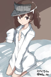 Rule 34 | 10s, 1girl, 2014, brown eyes, brown hair, dated, flat chest, kantai collection, kneehighs, long sleeves, looking at viewer, mku, naked shirt, on bed, ryuujou (kancolle), seiza, shirt, sitting, sleeves past wrists, socks, solo, twintails, twitter username, visor cap, white socks, white shirt