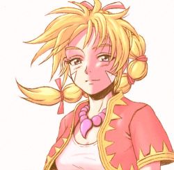 Rule 34 | 1girl, bandages, blonde hair, breasts, chrono cross, closed mouth, facial mark, high ponytail, jewelry, kid (chrono cross), long hair, looking at viewer, lowres, multi-tied hair, necklace, ponytail, simple background, solo, vest, white background