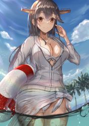 Rule 34 | 1girl, absurdres, bikini, bikini under clothes, black hair, blue sky, breasts, brown eyes, cleavage, cloud, commentary request, cowboy shot, day, from below, hairband, haruna (kancolle), headgear, highres, innertube, jacket, kantai collection, large breasts, long hair, looking at viewer, open clothes, open jacket, outdoors, palm tree, sarong, side-tie bikini bottom, sky, solo, swim ring, swimsuit, swimsuit under clothes, taki rentaro, tree, water, white bikini, white jacket