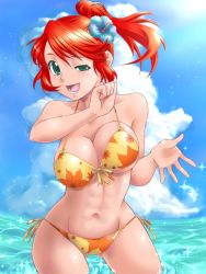Rule 34 | 1girl, abs, bare shoulders, bikini, breasts, cleavage, cloud, cowboy shot, day, floral print, flower, front-tie top, green eyes, groin, half-closed eye, hibiscus, large breasts, navel, open mouth, orange bikini, original, ponytail, red hair, side-tie bikini bottom, sky, solo, sparkle, swimsuit, uneven eyes, wading, water, yaso shigeru