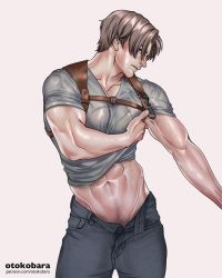 Rule 34 | 1boy, abs, artist name, bara, black pants, brown hair, chest harness, grey shirt, harness, highres, large pectorals, leon s. kennedy, looking at viewer, male focus, muscular, muscular male, navel, open fly, open pants, otokobara, pants, patreon username, pectorals, resident evil, resident evil 4, shirt, short hair, simple background, solo, sweat, white background