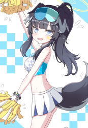 Rule 34 | 1girl, absurdres, animal ears, bare shoulders, black hair, blue archive, blue background, blue eyes, breasts, cheerleader, commentary request, dog ears, dog girl, dog tail, facial mark, flying sweatdrops, from side, goggles, goggles on head, halo, hibiki (blue archive), hibiki (cheer squad) (blue archive), highres, jiu (sdesd3205), long hair, looking at viewer, looking to the side, medium breasts, millennium cheerleader outfit (blue archive), motion lines, open mouth, pleated skirt, ponytail, side ponytail, sidelocks, skirt, solo, star (symbol), sweat, tail, two-tone background, wavy mouth, white background, white skirt