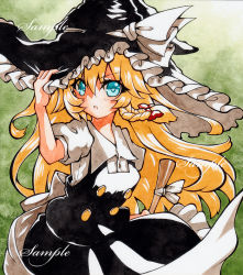 Rule 34 | bad id, bad pixiv id, black hat, black skirt, black vest, blonde hair, blue eyes, bow, braid, broom, buttons, hair bow, hat, hat bow, holding, holding broom, holding clothes, holding hat, kirisame marisa, long hair, looking at viewer, painting (medium), puffy short sleeves, puffy sleeves, qqqrinkappp, shirt, short sleeves, side braid, single braid, skirt, skirt set, solo, touhou, traditional media, vest, watercolor (medium), white bow, white shirt, witch hat