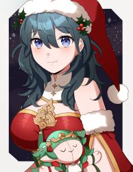 Rule 34 | 1girl, bare shoulders, black hair, blue eyes, breasts, brooch, byleth (female) (fire emblem), byleth (female) (frosty professor) (fire emblem), byleth (fire emblem), character doll, cleavage, doll, fire emblem, fire emblem: three houses, fire emblem heroes, gmais2514, hat, highres, holding, holding doll, jewelry, large breasts, looking at viewer, nintendo, official alternate costume, santa costume, santa hat, smile, solo, sothis (fire emblem), sothis (winter) (fire emblem), upper body