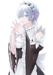Rule 34 | 1girl, blue eyes, blue hair, breasts, closed mouth, commentary request, dress, fingernails, frills, hair ornament, hair over one eye, hairband, highres, lips, looking at viewer, maid, marumoru, medium breasts, own hands together, re:zero kara hajimeru isekai seikatsu, rem (re:zero), short hair, simple background, solo, upper body, white background, wide sleeves, x hair ornament