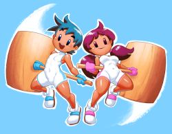 Rule 34 | 1boy, 1girl, blue eyes, blue gloves, blue hair, breasts, gloves, hammer, ice climber, ice climbers, minuspal, nana (ice climber), nintendo, pink gloves, popo (ice climber), red eyes, red hair, shoes, skin tight, skin tight, tan, thick thighs, thighs, twintails