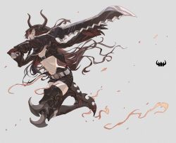 Rule 34 | 1girl, belt, belt buckle, bikini, bikini top only, black gold saw, black hair, black rock shooter, buckle, claws, closed mouth, highres, horns, huge weapon, hxxg, jacket, king saw, long hair, long sleeves, midriff, navel, open clothes, open jacket, pale skin, shorts, skull, smile, swimsuit, sword, weapon, yellow eyes, zipper