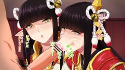 Rule 34 | 1boy, 2girls, :&gt;=, bar censor, black hair, censored, cum, cum in mouth, cum overflow, erection, facial, fellatio, hair ornament, highres, hime cut, hinoa, hou (hachiyou), japanese clothes, makeup, minoto, monster hunter (series), monster hunter rise, multiple girls, oral, penis, pointless censoring, pointy ears, pubic hair, rolling eyes, siblings, sisters, translation request, twins, yellow eyes