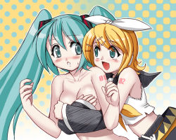 Rule 34 | 2girls, age difference, aqua eyes, aqua hair, blonde hair, blush, grabbing another&#039;s breast, breasts, clothed female nude female, covering privates, covering breasts, detached sleeves, grabbing, harukigenia, hatsune miku, kagamine rin, long hair, medium breasts, multiple girls, nude, short hair, twintails, vocaloid, yuri
