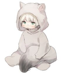 Rule 34 | 1boy, animal costume, animal ears, animal hood, blonde hair, blue eyes, blush, closed mouth, fake animal ears, final fantasy, final fantasy xiv, full body, gg dal, highres, hood, hood up, lalafell, looking at viewer, male focus, simple background, sitting, solo, white background