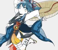 Rule 34 | 10s, 1boy, arms up, bandages, blue eyes, blue hair, hat, japanese clothes, jewelry, male focus, matching hair/eyes, necklace, saku anna, sandals, sayo samonji, simple background, solo, touken ranbu