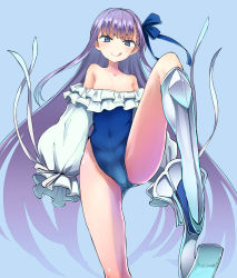 Rule 34 | 1girl, blue background, blue bow, blue eyes, blue one-piece swimsuit, bow, collarbone, commentary request, covered navel, fate/grand order, fate (series), hair bow, hair ribbon, highleg, highleg swimsuit, highres, licking lips, long hair, long sleeves, looking at viewer, meltryllis, meltryllis (fate), meltryllis (swimsuit lancer) (fate), meltryllis (swimsuit lancer) (second ascension) (fate), miyao ryuu, one-piece swimsuit, puffy long sleeves, puffy sleeves, purple hair, ribbon, simple background, sleeves past fingers, sleeves past wrists, solo, standing, standing on one leg, strapless, strapless one-piece swimsuit, swimsuit, tongue, tongue out, v-shaped eyebrows, very long hair, white background
