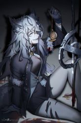 Rule 34 | 1girl, absurdres, animal ears, arknights, black gloves, blood, blood on face, bloody weapon, breasts, distr, dress, feet out of frame, gloves, grey eyes, hair ornament, hairclip, highres, holding, holding pocket watch, jacket, jewelry, knee up, lappland (arknights), lappland (refined horrormare) (arknights), long hair, material growth, necklace, official alternate costume, open clothes, open jacket, oripathy lesion (arknights), pocket watch, sharp teeth, signature, silver hair, sitting, smile, solo, sword, teeth, twitter username, watch, weapon, wolf ears
