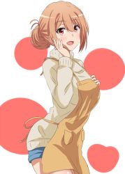 Rule 34 | 1girl, apron, beige sweater, blue shorts, blush, brown apron, commentary request, cowboy shot, dars (recolors), from side, hair between eyes, hair bun, hand on own cheek, hand on own chest, hand on own face, hands up, light blush, long sleeves, looking at viewer, mature female, open mouth, pink hair, polka dot, polka dot background, red eyes, ribbed sweater, short hair, shorts, sidelocks, simple background, single hair bun, smile, solo, standing, sweater, turtleneck, turtleneck sweater, white background, yahari ore no seishun lovecome wa machigatteiru., yuigahama yui&#039;s mother