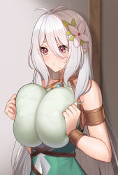 Rule 34 | 1girl, :o, aged up, alternate breast size, alternate hair length, alternate hairstyle, antenna hair, blush, breast press, commentary request, flower, hair between eyes, hair flower, hair ornament, hand on own chest, highres, kokkoro (princess connect!), komainu (yamaha1997), long hair, pointy ears, princess connect!, red eyes, see-through, solo, white hair
