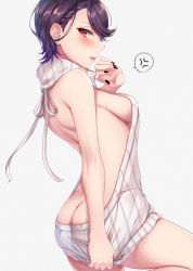 Rule 34 | 1girl, absurdres, ass, bare arms, bare shoulders, black nails, blush, breasts, butt crack, cowboy shot, from side, gundou mirei, highres, looking at viewer, medium breasts, meme attire, nail polish, nijisanji, parted lips, purple eyes, purple hair, rai (newtype xm-x1), short hair, simple background, sleeveless, solo, thighs, virgin killer sweater, virtual youtuber, white background