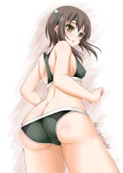 Rule 34 | 1girl, akimoto dai, ass, bikini, brown eyes, brown hair, butt crack, commentary request, contrapposto, dated, from behind, grey bikini, headband, headgear, highres, kantai collection, looking at viewer, looking back, one-hour drawing challenge, short hair, solo, sports bikini, swimsuit, taihou (kancolle), twitter username, white background