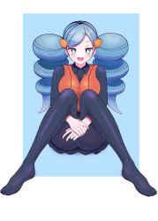 Rule 34 | 1girl, :d, absurdres, ace trainer (pokemon), black skirt, blue background, blue hair, blush, border, breasts, commentary request, creatures (company), full body, game freak, hair ornament, hairclip, happy, highres, long hair, long sleeves, looking at viewer, natuiroasu, nintendo, open mouth, orange vest, own hands together, pantyhose, pokemon, pokemon bw, skirt, smile, solo, twintails, vest, white border