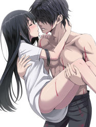 Rule 34 | 1boy, 1girl, black hair, blood, blood on face, blush, carrying, closed eyes, dress shirt, facing another, hair over eyes, highres, kimagure blue, long hair, naked shirt, open mouth, original, parted lips, pectorals, princess carry, shirt, short sleeves, simple background, tears, thighs, toned, toned male, topless male, white background