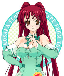 Rule 34 | 1girl, alternate costume, bare shoulders, blush, bow, bowtie, breasts, brown eyes, cleavage, closed mouth, crossover, detached collar, detached sleeves, dress, eyebrows hidden by hair, eyes visible through hair, finger to own chin, green bow, green bowtie, green detached sleeves, green dress, hand on own hip, hand up, kousaka tamaki, large breasts, long hair, looking at viewer, neck, parody, pia carrot (series), pia carrot e youkoso!!, pia carrot e youkoso!! 3, red hair, smile, solo, strapless, strapless dress, to heart (series), to heart 2, twintails, very long hair, waitress, yamaguchi homupe