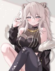 Rule 34 | 129 nemui, 1girl, ahoge, animal ears, bare shoulders, black jacket, black shirt, breasts, cleavage, commentary, crop top, ear piercing, fur-trimmed jacket, fur trim, grey eyes, grey hair, hair between eyes, highres, hololive, jacket, jewelry, large breasts, lion ears, lion girl, long hair, looking at viewer, necklace, off shoulder, open clothes, open jacket, piercing, see-through, see-through cleavage, shirt, shishiro botan, shishiro botan (1st costume), sidelocks, sitting, sleeveless, sleeveless shirt, smile, solo, torn clothes, two side up, virtual youtuber