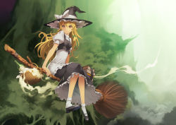 Rule 34 | 1girl, basket, blonde hair, book, bottle, bow, braid, broom, broom riding, brown eyes, day, female focus, hair bow, hat, hat ribbon, kirisame marisa, kunieda, long hair, mary janes, outdoors, ribbon, shoes, side braid, sidesaddle, single braid, sitting, smile, solo, touhou, tree, witch, witch hat