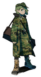 1girl adapted_costume ankle_boots belt boots box brown_footwear camouflage camouflage_headwear camouflage_jacket closed_mouth full_body green_hat green_jacket gretia hat highres jacket key long_sleeves looking_at_viewer medium_hair pants simple_background smile solo touhou white_background yamashiro_takane