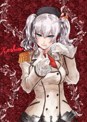 Rule 34 | 10s, 1girl, beret, blue eyes, character name, cowboy shot, epaulettes, floral background, frilled sleeves, frills, gloves, hat, highres, jacket, kantai collection, kashima (kancolle), kerchief, long sleeves, looking at viewer, military, military jacket, military uniform, mrdotd, red background, sidelocks, silver hair, solo, twintails, uniform, wavy hair, white gloves