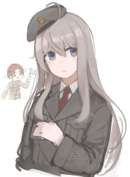 Rule 34 | 1girl, ahoge, beret, beretta model 38 (girls&#039; frontline), blue eyes, blush, character request, girls&#039; frontline, grey hair, grey hat, grey jacket, hair between eyes, hat, highres, jacket, long hair, long sleeves, looking at viewer, military, military uniform, necktie, northern italy (hetalia), open mouth, rampart1028, red necktie, shirt, solo, uniform, upper body, white background, white shirt