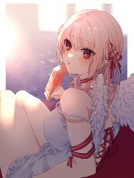 Rule 34 | 1girl, angel wings, blurry, blurry background, blush, breasts, commentary request, depth of field, dress, feathered wings, feet out of frame, food, frilled dress, frills, hair between eyes, highres, holding, holding food, long hair, looking at viewer, looking back, medium breasts, mole, mole under eye, original, pink hair, popsicle, red eyes, shikino yuki, sitting, sleeveless, sleeveless dress, solo, strap slip, tongue, tongue out, white dress, white wings, wings
