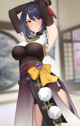 Rule 34 | 1girl, armpits, arms up, black gloves, blush, breasts, elbow gloves, genshin impact, gloves, gya (144), hair ornament, highres, indoors, japanese clothes, jewelry, kimono, kujou sara, large breasts, looking at viewer, purple hair, restrained, short hair, side slit, yellow eyes