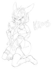 Rule 34 | 1girl, absurdres, apple, arknights, english text, food, fruit, full body, highres, kroos (arknights), one eye closed, sitting, sketch, solo, twitter, usungrak