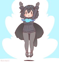 Rule 34 | 1girl, arms up, black gloves, black hair, black pants, black sweater, blue background, bow, bowtie, cape, coroha, full body, gloves, hair ornament, jumping, kemono friends, looking at viewer, pants, shoes, short hair, simple background, solo, superb bird-of-paradise (kemono friends), sweater