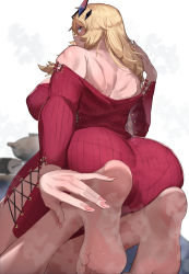 Rule 34 | 1girl, absurdres, ass, back, bare shoulders, barefoot, blonde hair, blue eyes, breasts, cross-laced clothes, barghest (fate), fate/grand order, fate (series), feet, heterochromia, highres, horns, kikimifukuri, kneeling, large breasts, long hair, long sleeves, looking at viewer, looking back, off shoulder, red eyes, red shirt, shirt, soles, solo, sweat, thighs, toes