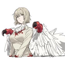 Rule 34 | 1girl, blonde hair, blood, blood on clothes, brown shirt, buntyou tn, claws, collared shirt, cropped torso, dungeon meshi, expressionless, falin touden, falin touden (chimera), feathered wings, from side, looking at viewer, monster girl, shirt, short hair, simple background, slit pupils, solo, upper body, white background, wings, yellow eyes