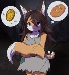 Rule 34 | 1girl, begging, blue eyes, bread, brown hair, city, coin, food, fox, fox girl, fox tail, furry, furry female, kemoribon, messy hair, money, open mouth, outdoors, poverty, severed tail, solo, tail