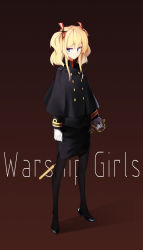 Rule 34 | 1girl, absurdres, aged up, arnold-s, bad id, bad pixiv id, black footwear, black jacket, black pantyhose, black skirt, blonde hair, blue eyes, brown background, buttons, capelet, closed mouth, copyright name, double-breasted, full body, gloves, glowworm (warship girls r), gradient background, hair ribbon, high heels, highres, jacket, legs apart, long sleeves, looking to the side, military, military uniform, pantyhose, pencil skirt, ribbon, scabbard, sheath, shoes, skirt, solo, standing, sword, text focus, twintails, uniform, warship girls r, weapon, white gloves
