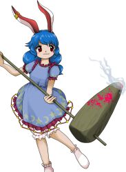 Rule 34 | 1girl, ambiguous red liquid, animal ears, blue dress, blue hair, blush stickers, closed mouth, crescent print, dress, earclip, holding, kine, long hair, mallet, non-web source, official art, rabbit ears, red eyes, seiran (touhou), short sleeves, smile, socks, solo, star (symbol), star print, tagme, touhou, transparent background, unfinished dream of all living ghost, white socks, zun (artist)