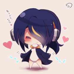 Rule 34 | 10s, 1girl, = =, barefoot, black hair, black jacket, blush, chibi, closed mouth, eighth note, emperor penguin (kemono friends), closed eyes, facing viewer, hair over one eye, headphones, heart, jacket, kemono friends, leotard, long hair, multicolored hair, musical note, muuran, open clothes, open jacket, orange hair, signature, smile, solo, standing, streaked hair, translation request, white leotard